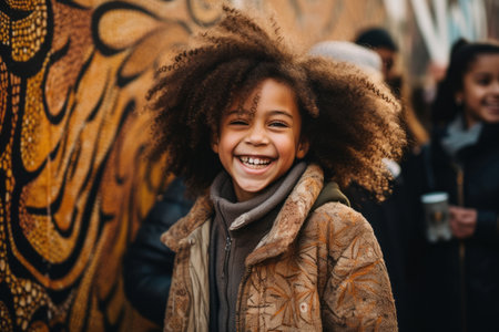 Portrait of a smiling little girl with afro hair outdoors.の素材