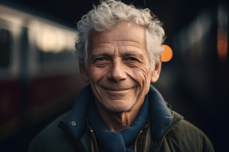 Portrait of a smiling senior man standing in a subway station.の素材