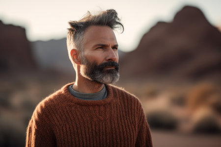 Handsome bearded middle-aged man in a brown sweater in the desertの素材