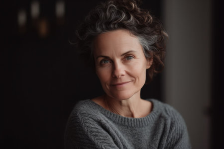 Portrait of a beautiful middle-aged woman in a gray sweaterの素材