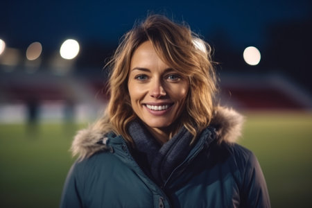 Portrait of smiling woman in winter jacket on soccer field at nightの素材