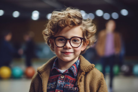 Portrait of cute little boy with eyeglasses in bowling clubの素材