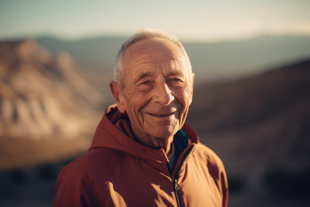 Portrait of happy senior man looking at camera in the mountains.の素材