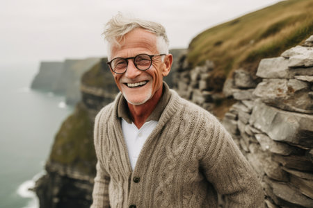 Portrait of a happy senior man standing in front of a stone wall at the edge of a cliff in Irelandの素材