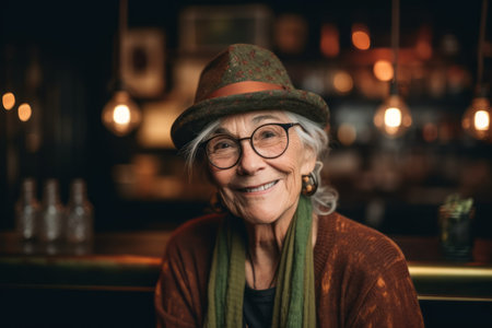 Portrait of smiling senior woman wearing hat and eyeglasses in pubの素材