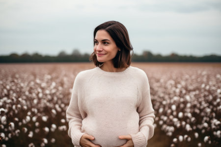 Pregnant woman in white sweater standing in cotton field. Pregnancy concept.の素材