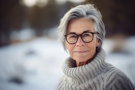 Portrait of a senior woman with eyeglasses in winter parkの素材