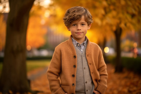 Portrait of a cute little boy in the autumn park. Autumn fashion.の素材