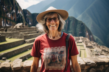 Portrait of smiling senior woman with hat and red t-shirt in Machu Picchu, Peruの素材
