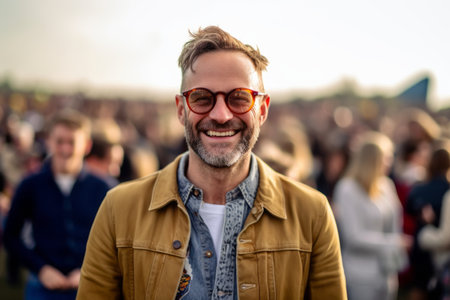 Portrait of handsome man with eyeglasses in front of music festivalの素材