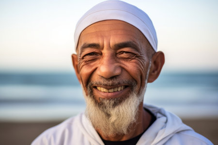 Portrait of happy senior muslim man smiling at camera on beachの素材