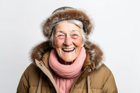 Portrait of a happy senior woman in winter clothes on a white backgroundの素材