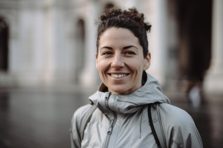 Portrait of a smiling woman in a coat on a city streetの素材