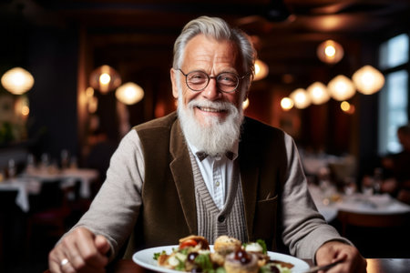 Portrait of a smiling senior man eating salad in a restaurant.の素材