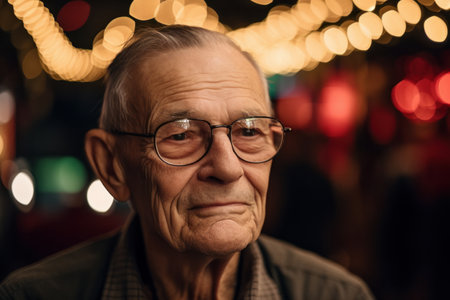 Portrait of an old man with glasses on the background of bokehの素材