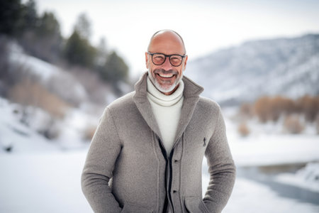 Portrait of a happy senior man in winter clothes smiling and looking at cameraの素材