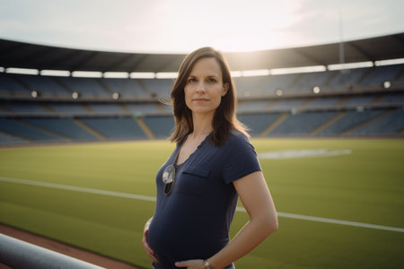 Pregnant woman on the stadium. Pregnancy, maternity, preparation and expectation conceptの素材