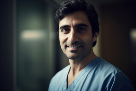 Portrait of a smiling male surgeon standing in the corridor of a hospitalの素材