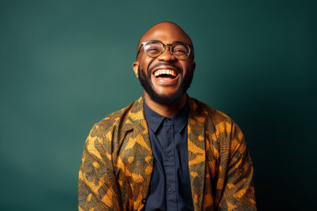 Young african american man laughing and looking at camera against green backgroundの素材
