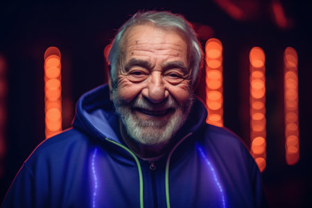 Portrait of a senior man smiling at the camera. He is wearing a blue hoodie. He is looking at the camera.の素材