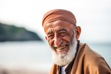 Portrait of a happy senior bearded man wearing turban on the beachの素材