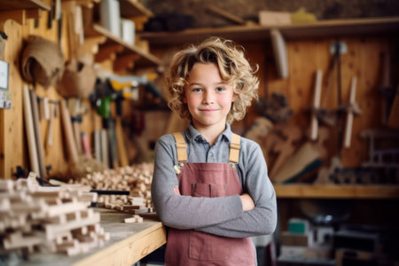 Cute little boy with blonde curly hair in apron standing with crossed arms in wooden workshopの素材