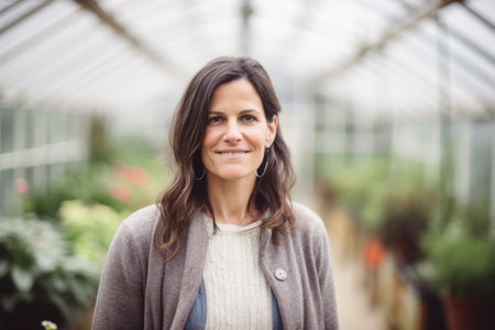 Portrait of smiling female gardener standing in greenhouse and looking at cameraの素材