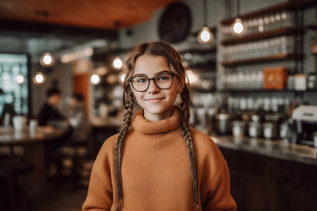 Portrait of a young girl in glasses in a coffee shop.の素材