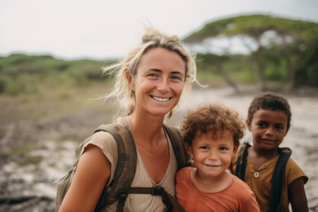 Portrait of mother and son with backpack on the beach during hikeの素材
