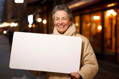 smiling senior woman with white blank board on city street at nightの素材
