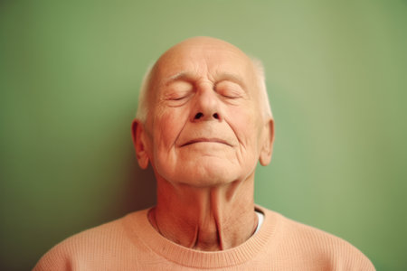 Portrait of an elderly man with closed eyes on a green backgroundの素材