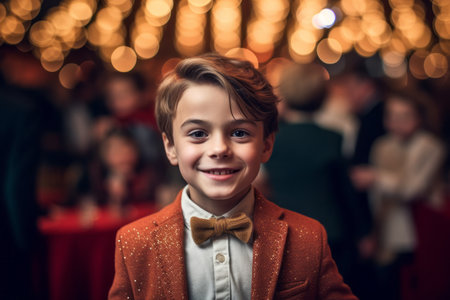 Portrait of a cute little boy in a red jacket and bow tie.の素材