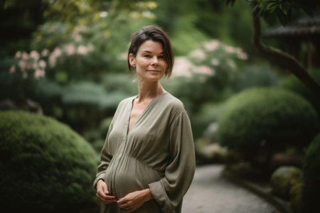 Portrait of a beautiful pregnant woman in the garden. Pregnancy concept.の素材
