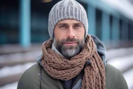 Portrait of handsome bearded man in hat and scarf looking at cameraの素材