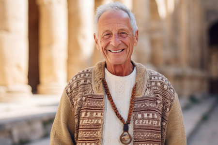 Portrait of a smiling senior man standing in front of the templeの素材