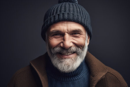 Portrait of a senior man with gray beard and mustache in a knitted hat and coat.の素材