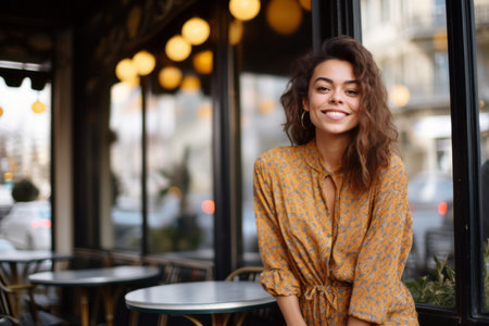 Portrait of a beautiful young brunette woman in yellow dress sitting in cafeの素材