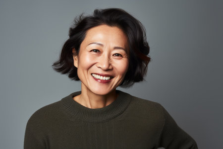 Portrait of a smiling middle-aged Asian woman on a gray backgroundの素材