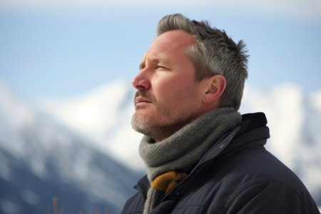Portrait of a middle-aged man in a jacket and scarf against the background of mountainsの素材