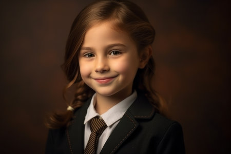 Portrait of a beautiful little girl in a business suit. Studio shot.の素材