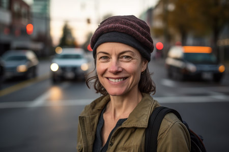 Portrait of smiling middle aged woman with backpack and hat on the streetの素材