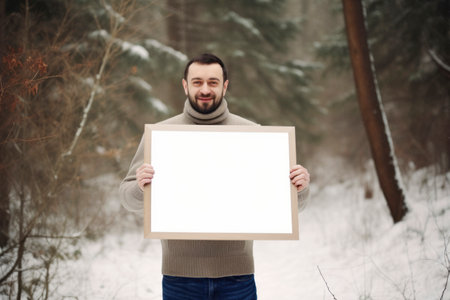 A man in a warm sweater holds a whiteboard in the winter forest.の素材