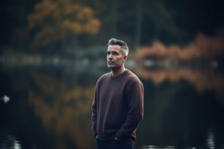 Portrait of a handsome man in a sweater standing by the lakeの素材