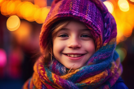 Portrait of a cute little girl on the background of Christmas lightsの素材
