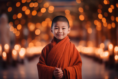 Little asian kid in orange robe walking in the temple with bokeh backgroundの素材