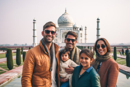 Happy family of four in front of the Taj Mahal in Agra, Uttar Pradesh, Indiaの素材
