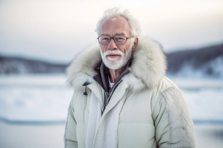 Portrait of senior man wearing eyeglasses while walking on frozen lakeの素材