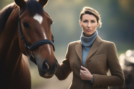 Portrait of beautiful young woman with horse in the autumn park.の素材