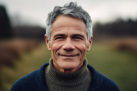 Portrait of a handsome middle-aged man with gray hair wearing a blue sweaterの素材