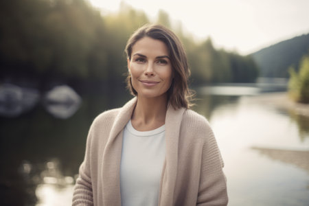 Portrait of a young beautiful woman in a coat standing by the lake.の素材